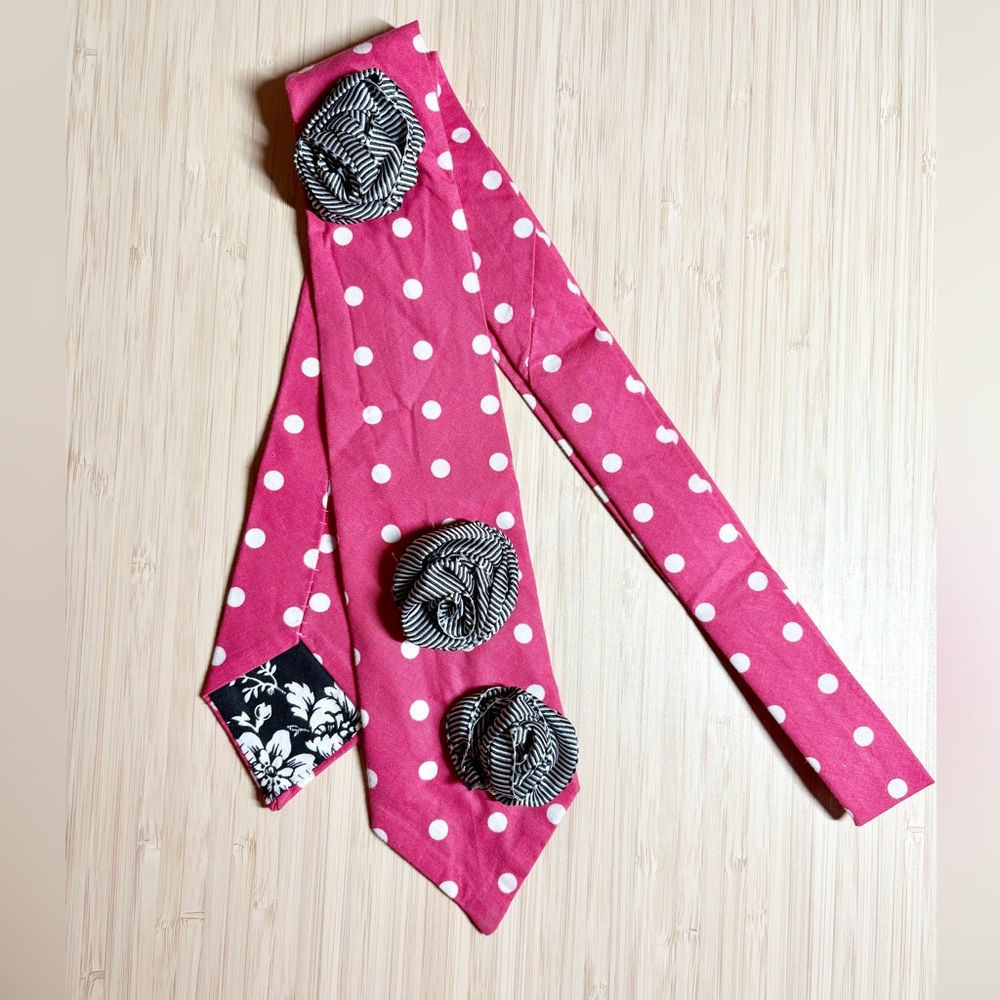 Handmade! Pink Polka Dot Tie with Black Floral Accents